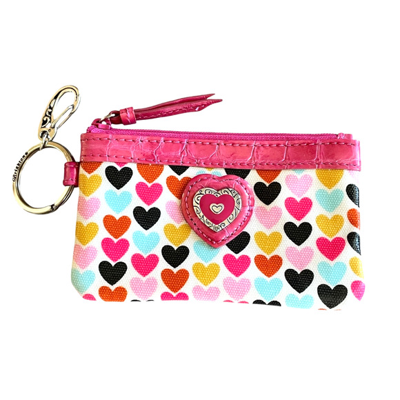 BRIGHTON Pink Leather Heart Mini ID Photo Wallet/Silver Charm Clip/Key Ring NEW - Picture 1 of 8